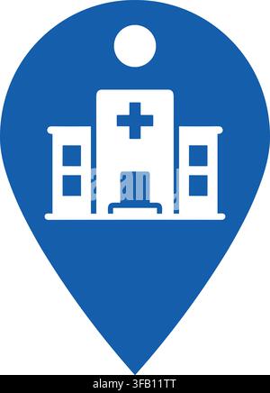 Medical hospital building location pin icon representing navigation and healthcare services on map pointer markers. Stock Vector