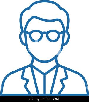 Outline doctor character icon representing medical professional wearing glasses and lab coat flat simple blue vector. Stock Vector