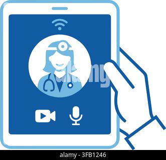 Telemedicine concept with hand holding tablet for video call with female doctor during virtual medical appointment. Stock Vector