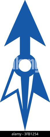 Stylized blue arrow spearhead graphic with geometric sharp edges and central circular cutout for compass or logo use. Stock Vector