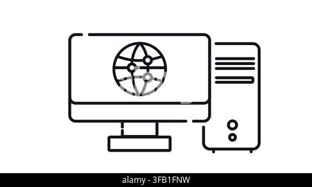 Desktop computer tower and monitor with global network globe symbol on screen vector icon. Black line art style on white background. Stock Vector