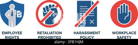 Blue and red workplace compliance safety icons representing employee rights protection and policy rules. Stock Vector