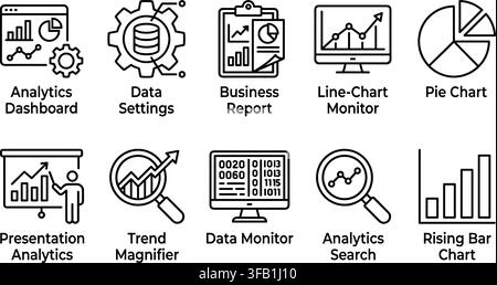 Business analytics and data chart icons set showing financial growth reporting and statistics monitor. Stock Vector