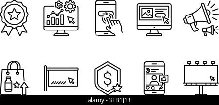 Black outline digital marketing and advertising line icons set isolated on a transparent background design. Stock Vector