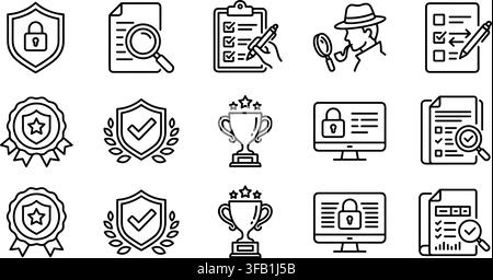 Collection of security and investigation thin line icons featuring search checklist and shield signs. Stock Vector