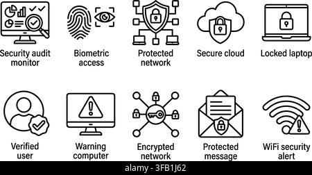 Cyber security and data protection thinline icons featuring biometric access encrypted network and cloud. Stock Vector