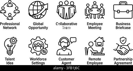 Corporate workflow and remote work outline icon pack illustrating team collaboration and business network. Stock Vector