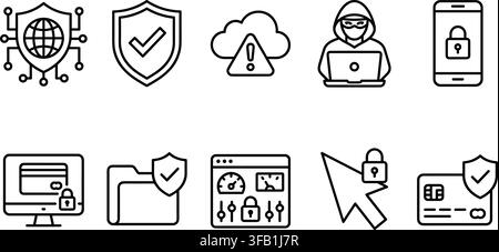 Cybersecurity and internet safety outline icons set showing data protection and network privacy solutions. Stock Vector