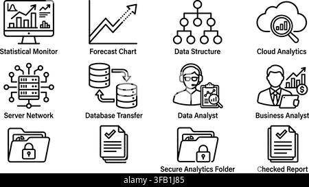 Data management line icon set displaying server network cloud database transfer analyst and folder security. Stock Vector