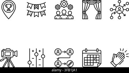 Event management and media production outline vector icons set with linear symbols for stage organization. Stock Vector