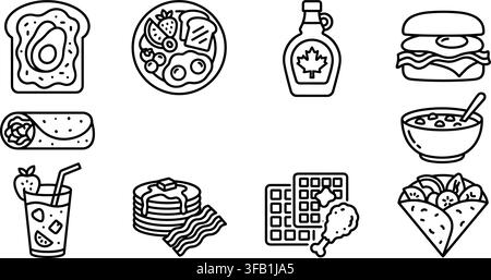 Breakfast and brunch black outline icons with avocado toast fried egg pancakes waffles and burrito wraps. Stock Vector