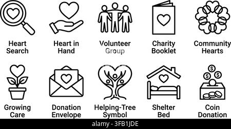 Charity and community icons set featuring heart symbols donation boxes volunteer groups and helping trees. Stock Vector