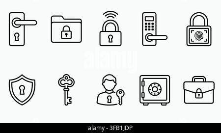 Collection of security and safety line icons depicting locks keys shields and safes for digital protection. Stock Vector