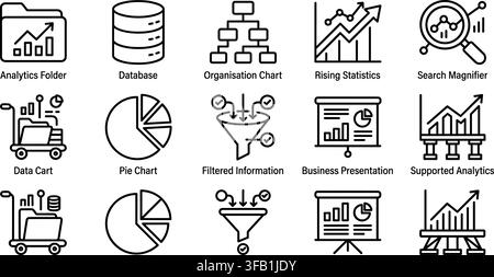 Business data analytics icons set featuring charts diagrams and organizational structures for management. Stock Vector