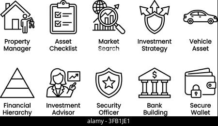 Real estate investment and financial assets outline icons collection with labels over transparent background. Stock Vector