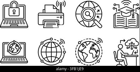 Digital communication icons set featuring linear black network elements designed for modern web interface. Stock Vector