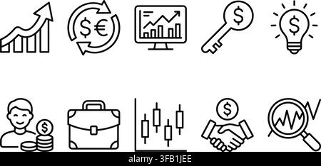 Financial analysis and business growth line icons collection with statistics key handshake and money light. Stock Vector