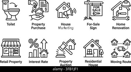 Real estate service icons showing toilet property purchase house marketing for sale sign home renovation. Stock Vector