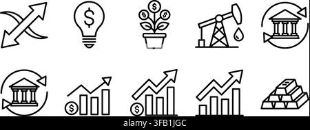 Business and finance investment growth line icons collection symbolizing wealth creation and banking. Stock Vector