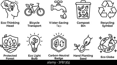 Green living icons set representing linear black ecological habits designed for environmental awareness. Stock Vector
