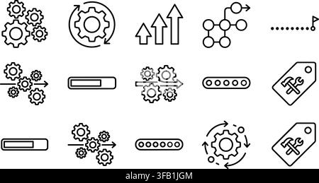 Gears system and process progress linear vector icons set with outline elements for technical concepts. Stock Vector