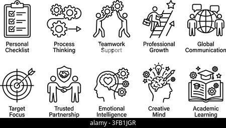 Soft skills and personal development line icons featuring emotional intelligence teamwork and goal target. Stock Vector