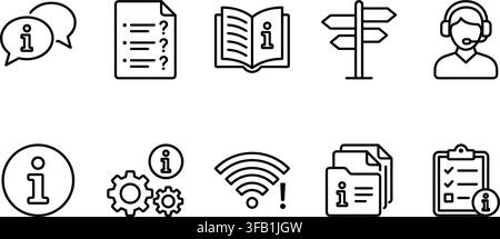 Set of support and information thin line icons featuring speech bubbles and assistance help symbols. Stock Vector
