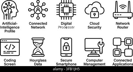 Set of ten linear technology outline icons featuring network artificial intelligence and digital processor. Stock Vector
