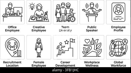 Business workforce and employee diversity line icons set representing modern corporate culture development. Stock Vector