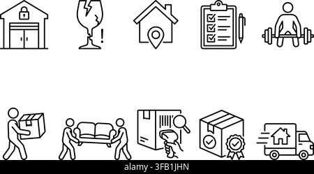 Logistics storage moving set icons outline style warehouse package broken glass clipboard weight lifting. Stock Vector
