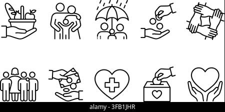 Charity donation icons set displaying social support human care volunteer helping hand community welfare. Stock Vector