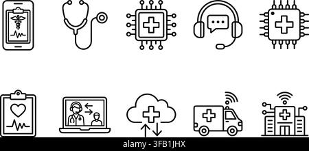 Digital healthcare and medical technology line icons depicting smart hospital equipment and tele medicine. Stock Vector