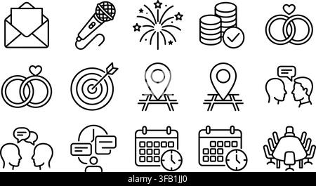 Event management line icons collection featuring microphone target location pin calendar and meeting table. Stock Vector