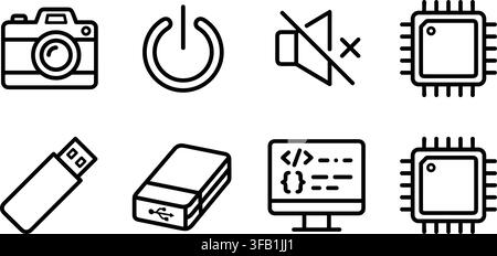 Computer hardware outline icon set featuring storage camera processor and code screen for tech interfaces. Stock Vector