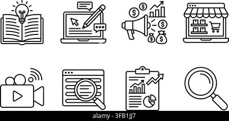 Elearning and search engine optimization outline icon set with linear symbols for web and marketing design. Stock Vector