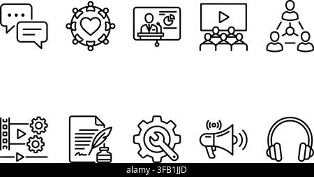 Multimedia production and video content creation line icons set isolated on transparent background vector. Stock Vector