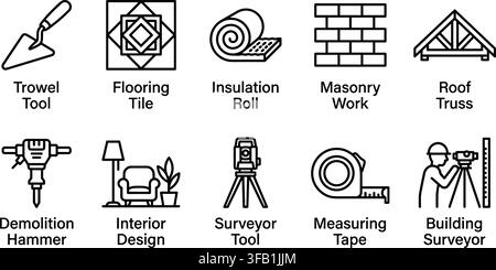 Home renovation and construction black line icons with professional tools masonry and surveyor work signs. Stock Vector