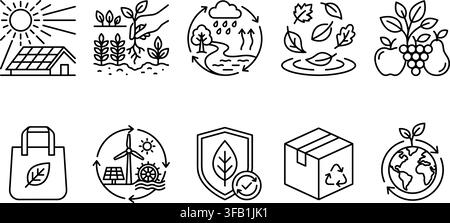Eco lifestyle icons set showing linear black natural resources created for sustainable living projects. Stock Vector