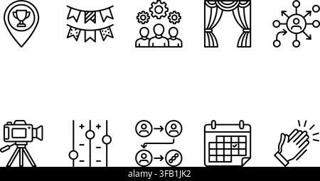 Entertainment and stage production linear icons including camera bunting flag gear and clapping hands sign. Stock Vector