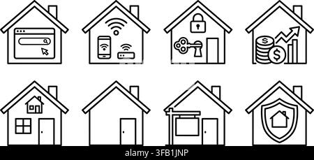 House line icons set featuring smart home real estate property management and digital web security symbols. Stock Vector