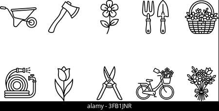 Garden tools set includes wheelbarrow axe flower trowel fork basket hose tulip shears bicycle and bouquet. Stock Vector
