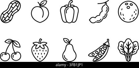 Fresh organic fruits and vegetables line icon set with peanut peach pepper tamarind cherry strawberry and pear. Stock Vector