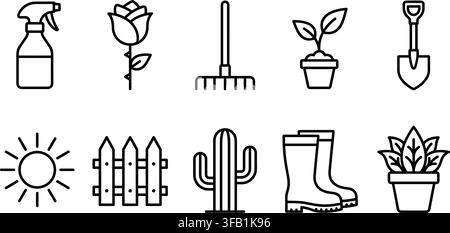 Gardening icons featuring spray bottle rose rake potted plant shovel sun wooden fence cactus boots and plant. Stock Vector
