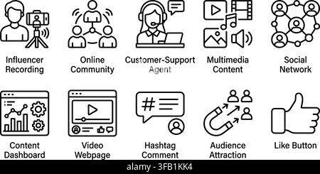 Set of social media and marketing icons with black linear design elements for digital communication usage. Stock Vector
