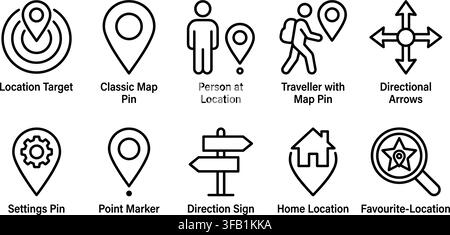 Set of minimalist linear location pin icons featuring various navigation symbols for mobile application maps. Stock Vector