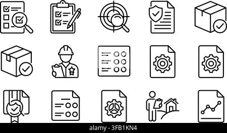 Project management and inspection icon set featuring checklist survey report symbols for logistics work. Stock Vector
