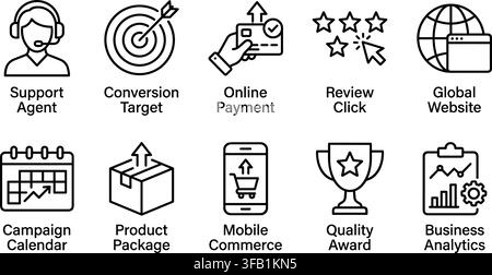 Set of ecommerce and business analytics line icons illustrating sales marketing and conversion strategies. Stock Vector