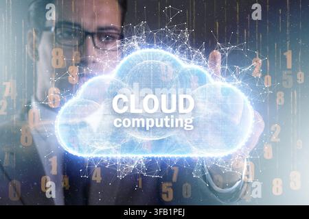 The cloud computing concept with a woman pressing buttons Stock Photo