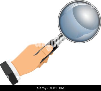 3D Realistic Magnifying Glass (Magnifier) in businessman hand. Analyzing and Examine concept. Landing page template. Isolated vector illustration Stock Vector