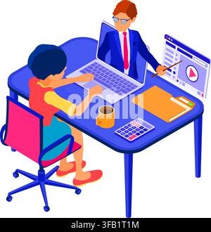 Online education or distance exam with isometric character internet course e-learning from home girl online studying on laptop with teacher isometric Stock Vector